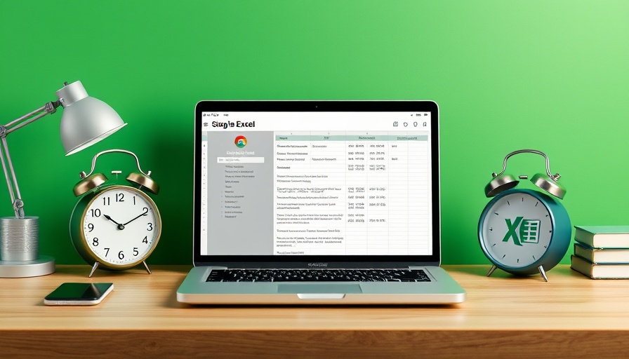 Digital nomad setup with essential Excel on laptop, alarm clock.