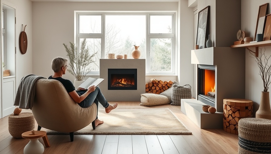Person reading in a Scandinavian-style living room by a fireplace.
