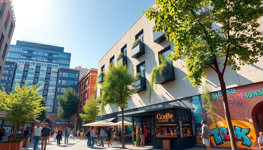 Modern 670 Mesquit complex bustling with people and greenery.