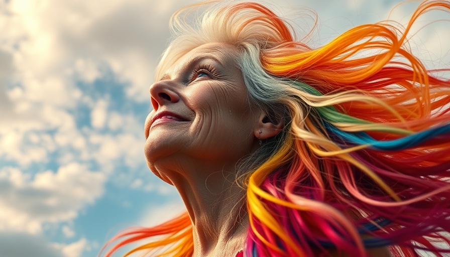 Older woman with rainbow hair gazing upward, symbolizing coming out at 50.