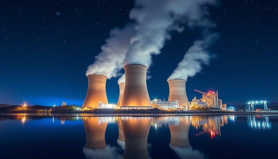 Nighttime nuclear power plant with steam and reflections.