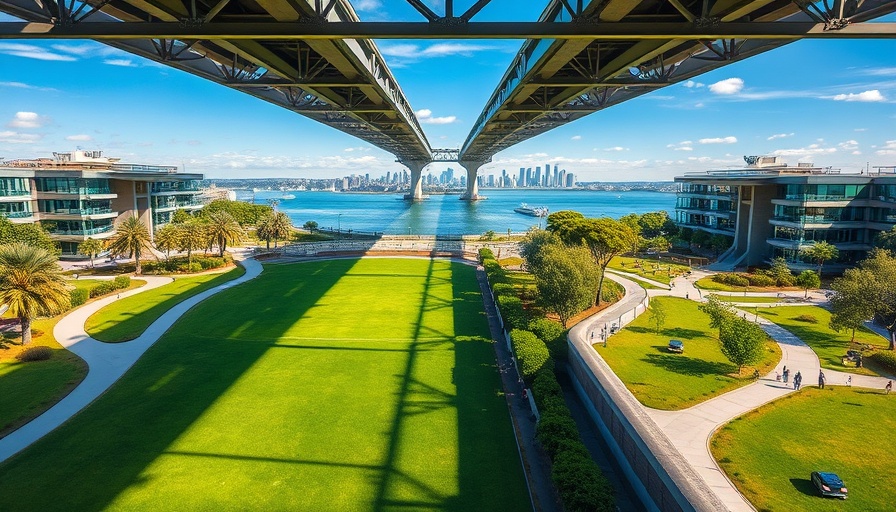 Aerial view of green urban park and bridge near city skyline