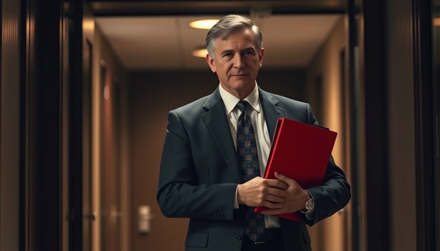 Confident man holds red folder, signifying franchise growth in changing political climate.