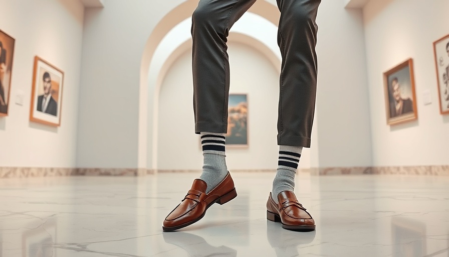 Fashion-forward man wearing socks with loafers in modern setting.