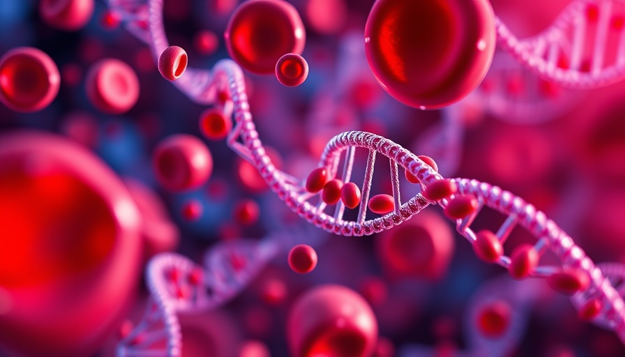 Illustration of living with thalassemia, showing red blood cells and DNA.