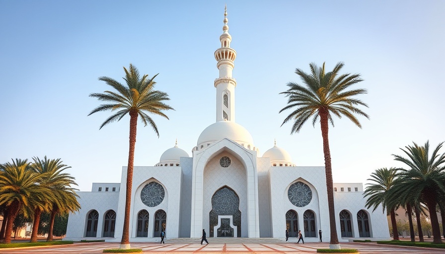 Modern mosque architecture featuring geometric patterns and curves.