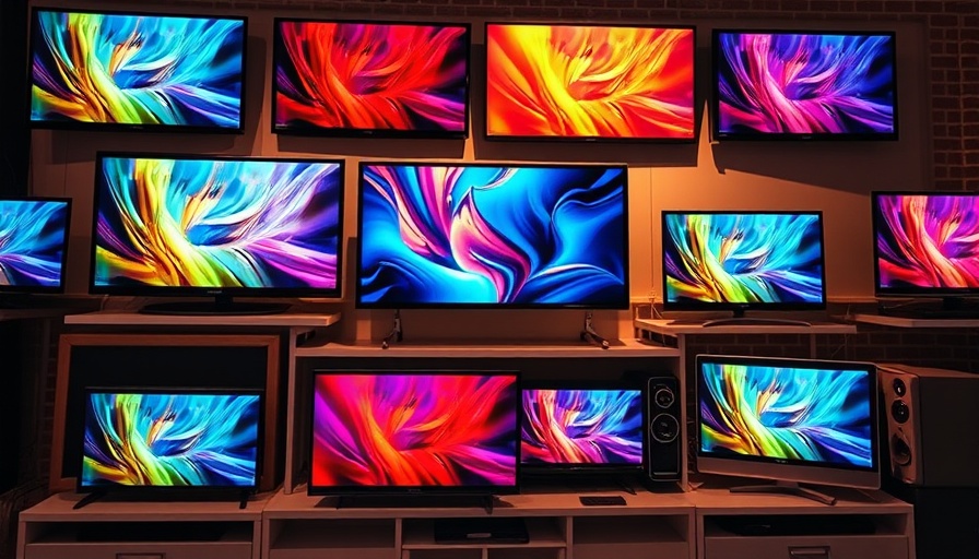 Colorful TV deals display highlighting three different television models.