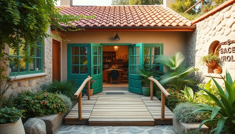Charming eco-friendly office entrance with wooden ramps and greenery.