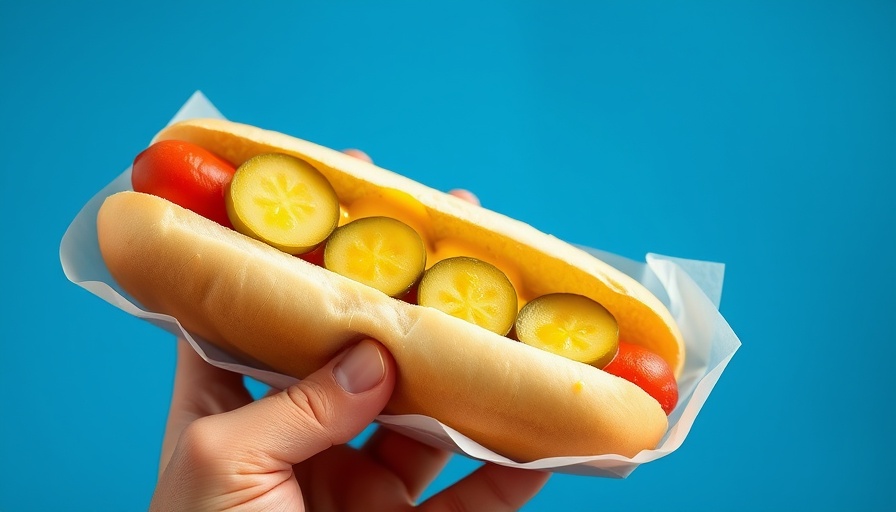 Appetizing Danish hot dog held against a blue background, showcasing Copenhagen's culinary delight.