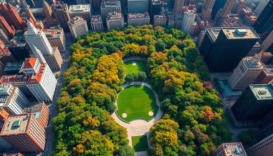 Aerial shot of Central Park, vibrant urban landscape, mini-vacation.