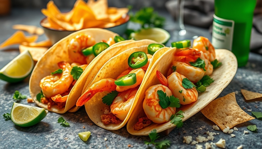 Shrimp tacos with jalapeños and limes on a table, showcasing traditional nutrition lessons from abuela.