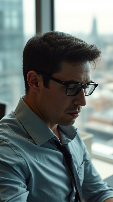 stressed professional, reflective, engaging in stress-relief exercises, photorealistic, at a modern office with a view of the city, highly detailed, ambient noise, Sony A7R IV, cool tones, soft overhead light, shot with an 85mm lens.