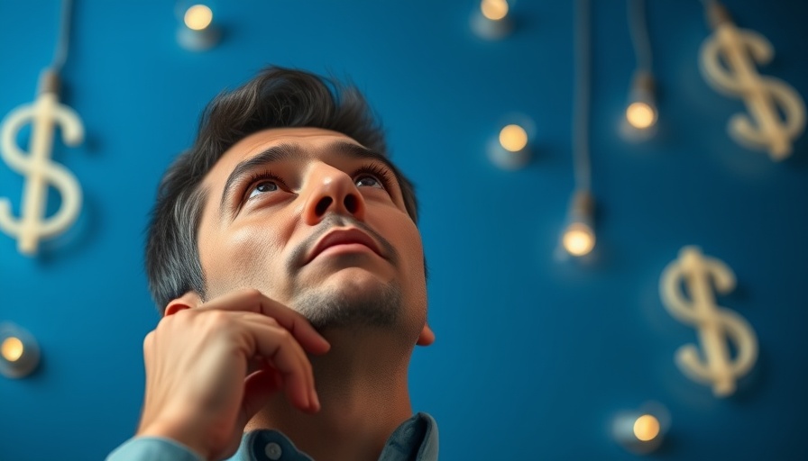 Man thinking about the smartest growth stock to buy with $500, illustrated with dollar sign lightbulbs.