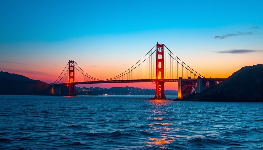 Golden Gate Bridge and ocean waves at sunset in California.