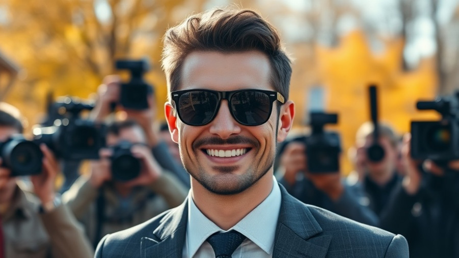 Confident man in suit and sunglasses smiling outdoors amid media.