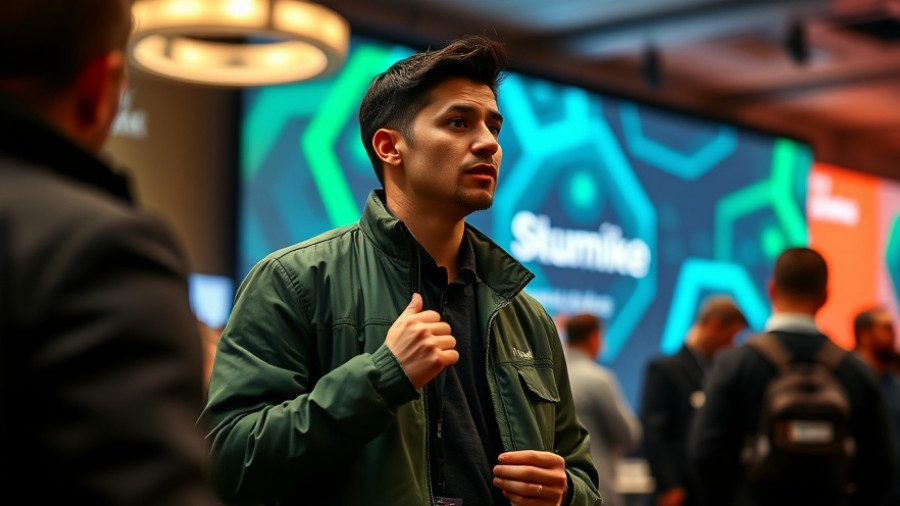 Young man at tech conference, engaged in conversation, showcasing innovation for Gen Z.