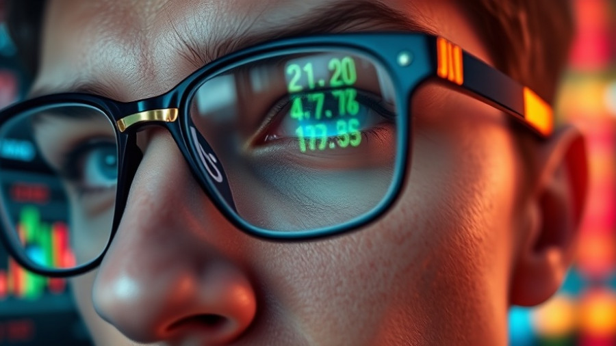 Close-up reflection in glasses of stock market data codes, futuristic look.