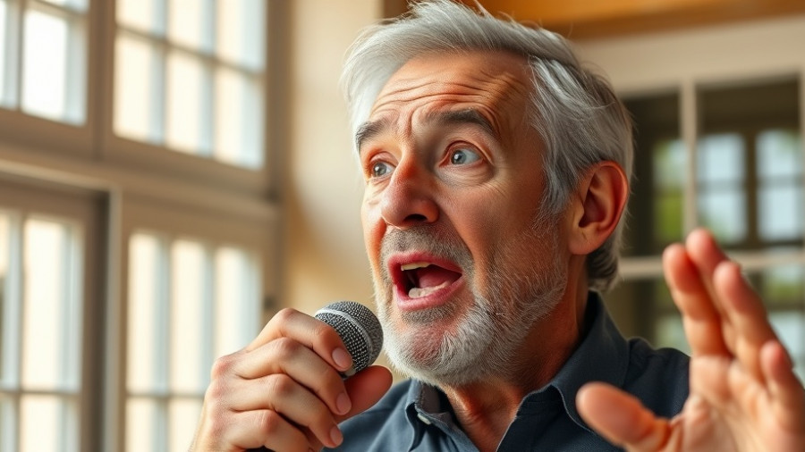 Older male speaking intensely, outdoor setting, settlement news.