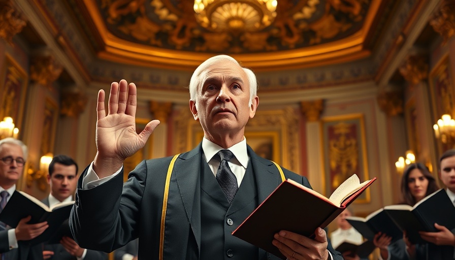 Older man taking oath in a grand hall, symbolic of power.