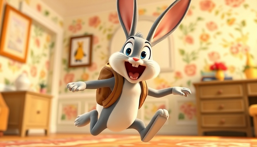 Surprised animated bunny with a backpack, Pixar style cartoon.