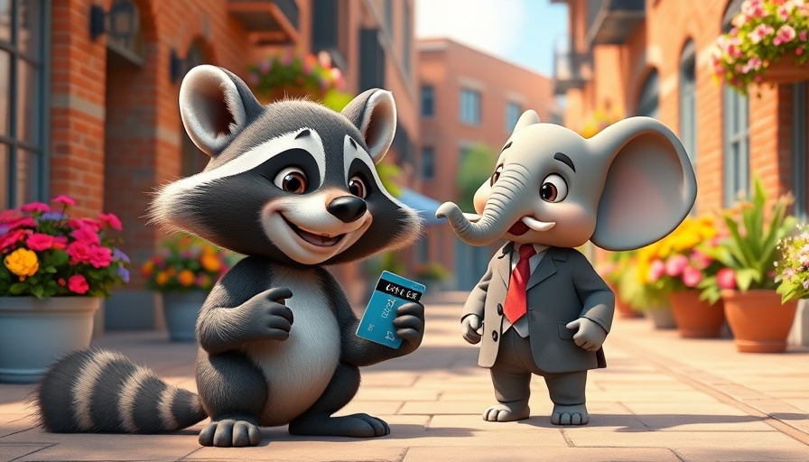 Cartoon animals discussing credit card on a sunny street.