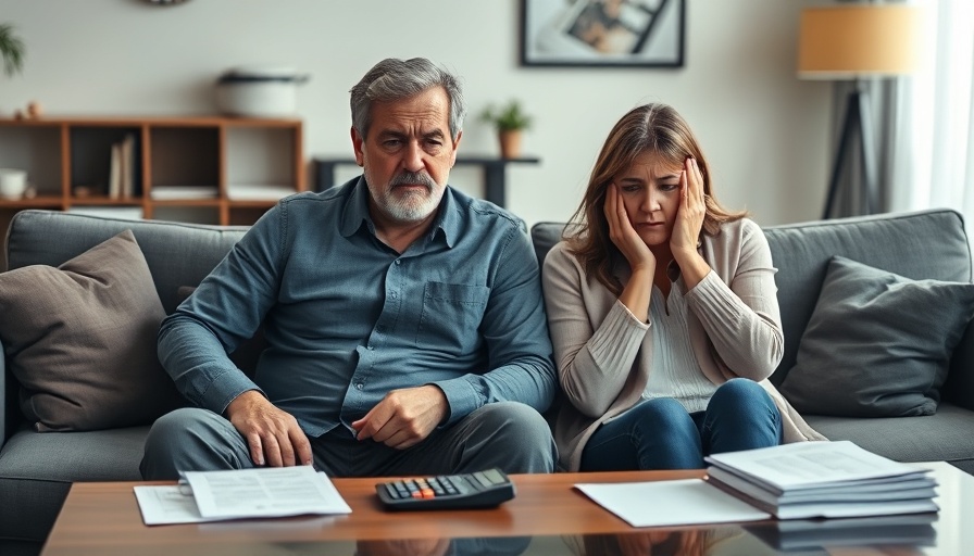 Stressed couple discussing IRS tax levies in living room.
