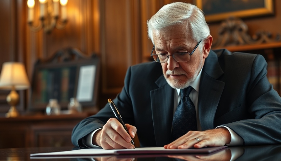 Older man signing a document related to global minimum tax.