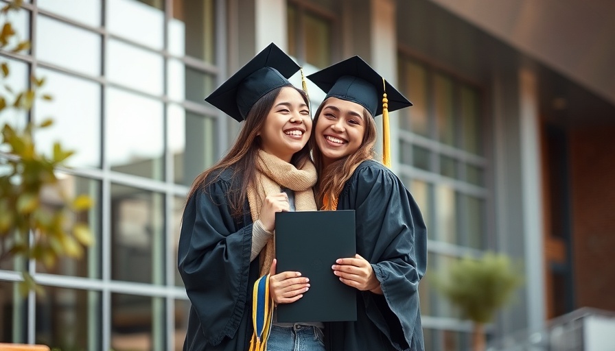 Graduate celebrating with a friend outside school, education tax credits theme.