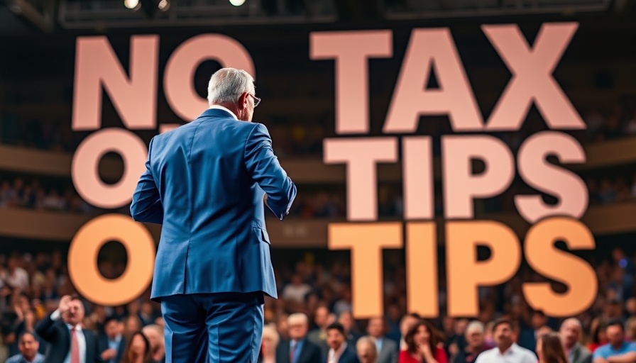 Confident speaker on stage promoting no tax for hospitality workers tips.