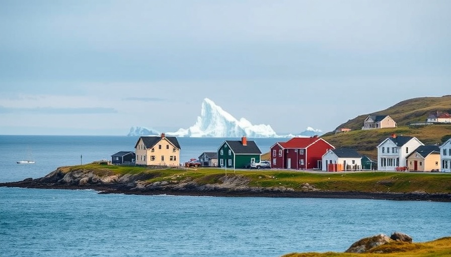 Greenland coastal village with iceberg in the background.