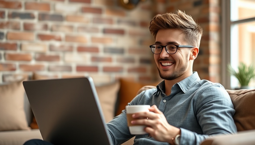 Young man enjoying e-filing with a laptop and coffee mug.
