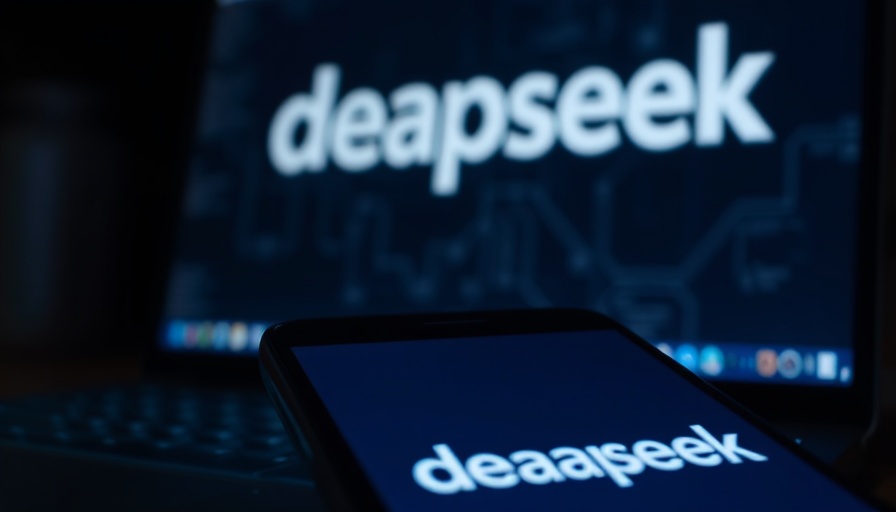 Smartphone displaying deapseek logo, dark tech theme.