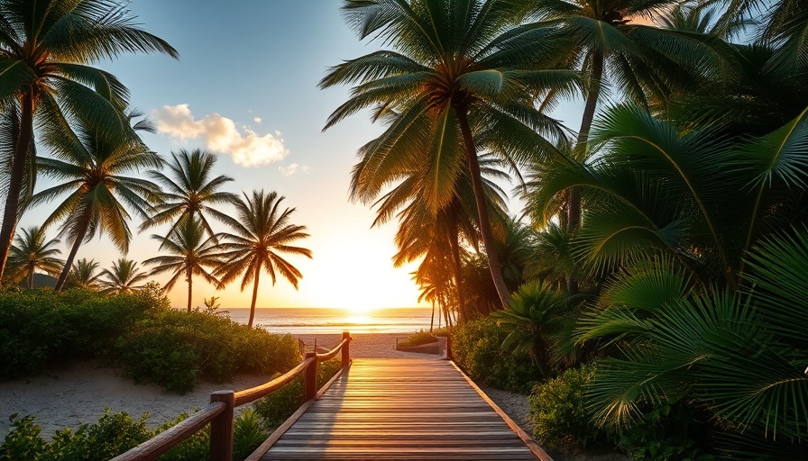 Scenic Florida beach pathway with palm trees at sunset.