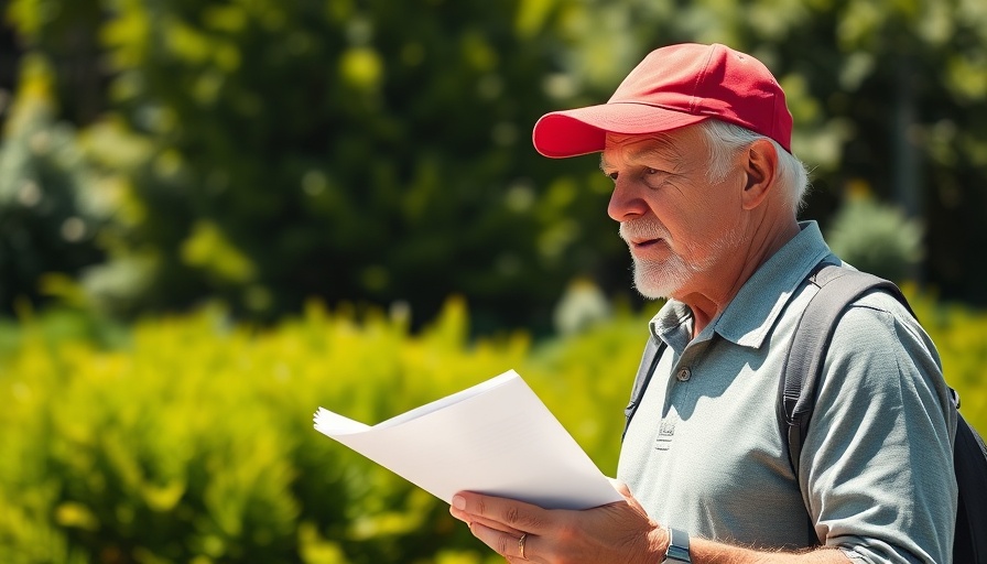 Older man in a red cap discussing documents outdoors.