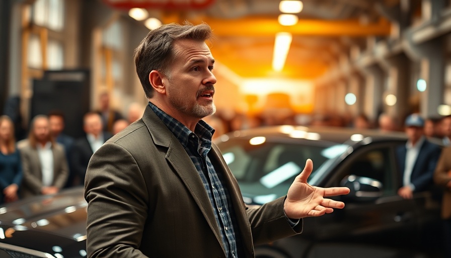 Charismatic male presenting in a car factory environment.