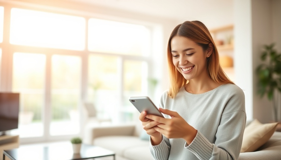 Young woman checking her phone, natural light living room.