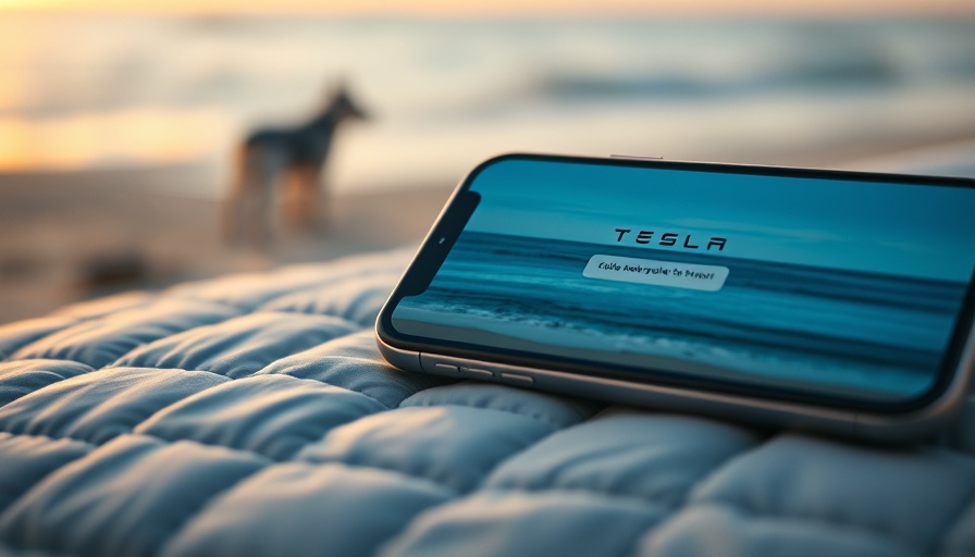 Smartphone with Tesla robotaxi notification on quilted fabric surface.