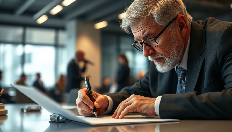 Older man signing document with concentration, business setting.