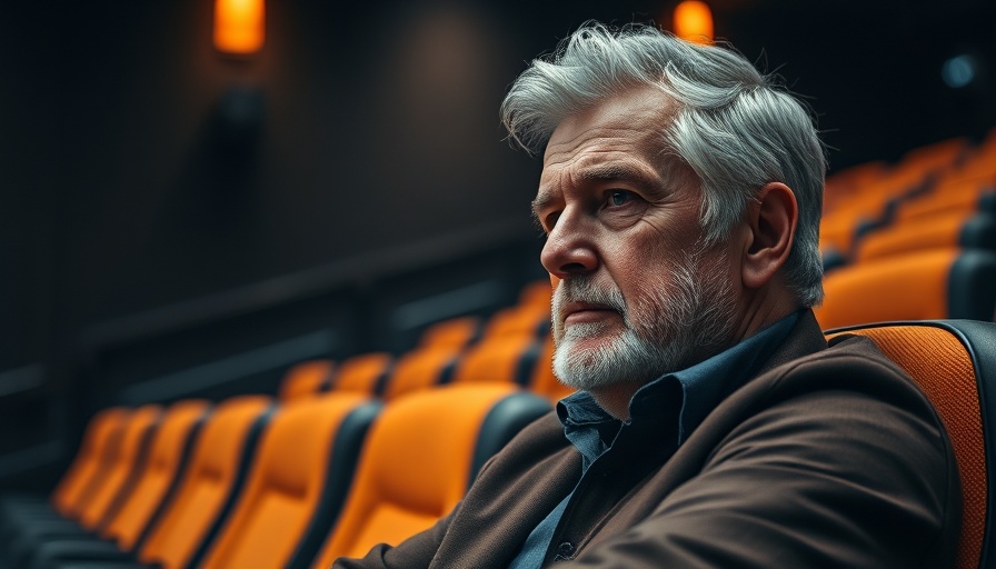 Older man sitting in a cinema, thoughtful expression.