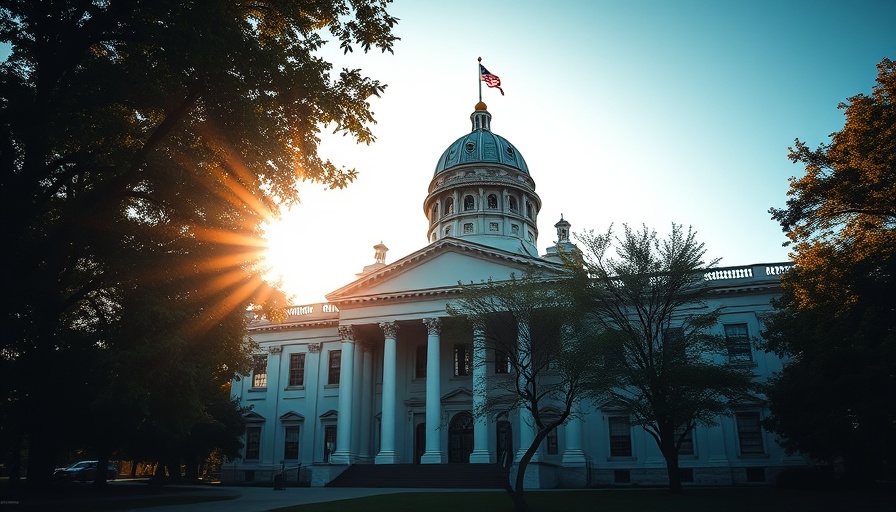 Classic governmental building framed by trees, serene afternoon.