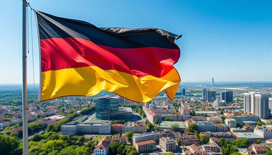 German flag over city skyline, symbolizing German election.