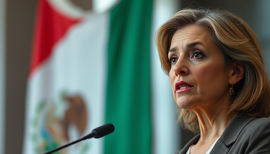 Serious woman speaks in front of blurred Mexican flag background.