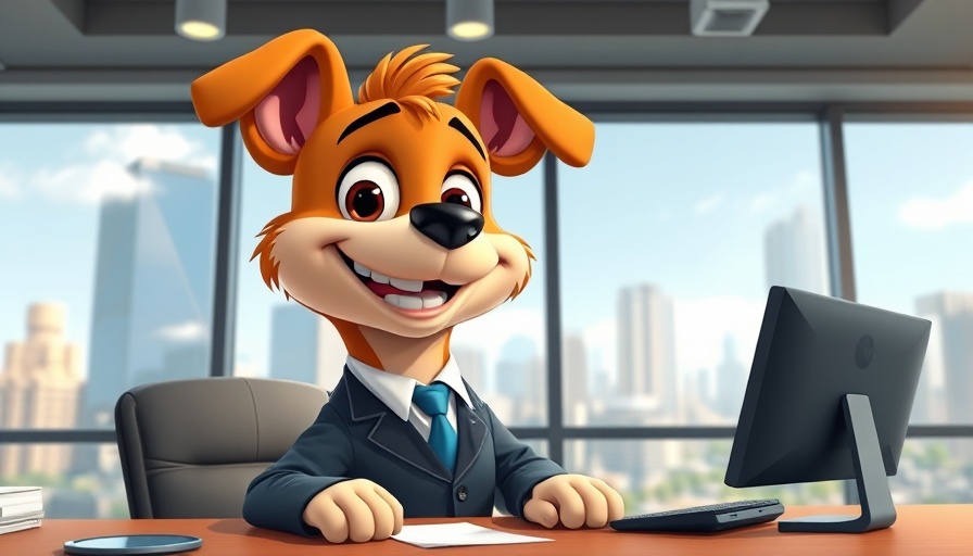 Cartoon dog in suit offering free financial advice in skyscraper office.
