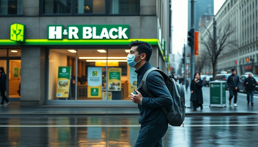 Person near H&R Block, related to W-2 Forms, outdoor scene.