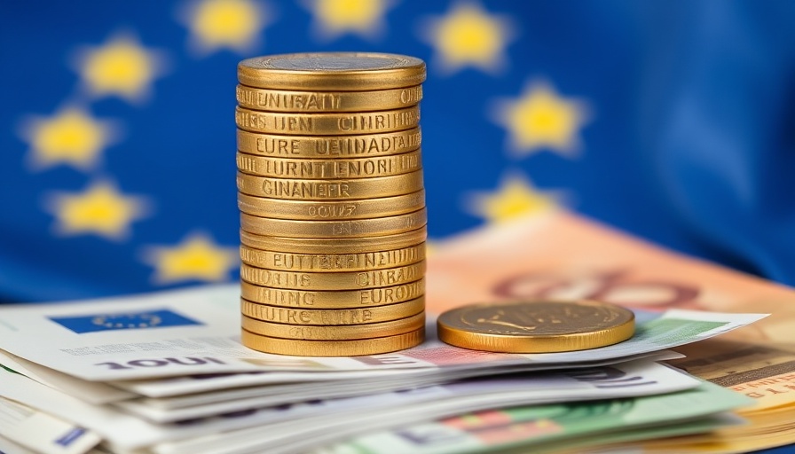 Stacks of euro coins and bills in front of EU flag symbolizing VAT compliance gap.