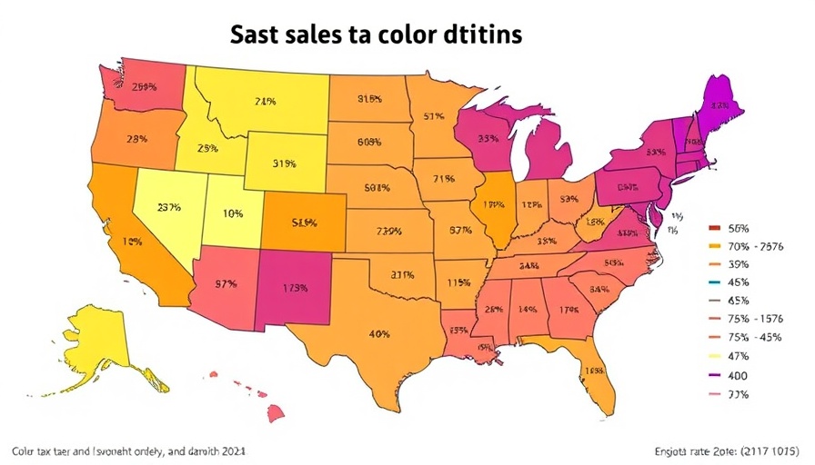 US map with color-coded sales tax rates by state, January 2025.