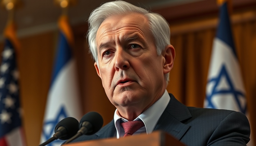 Distinguished man speaking at a podium with flags in the background.