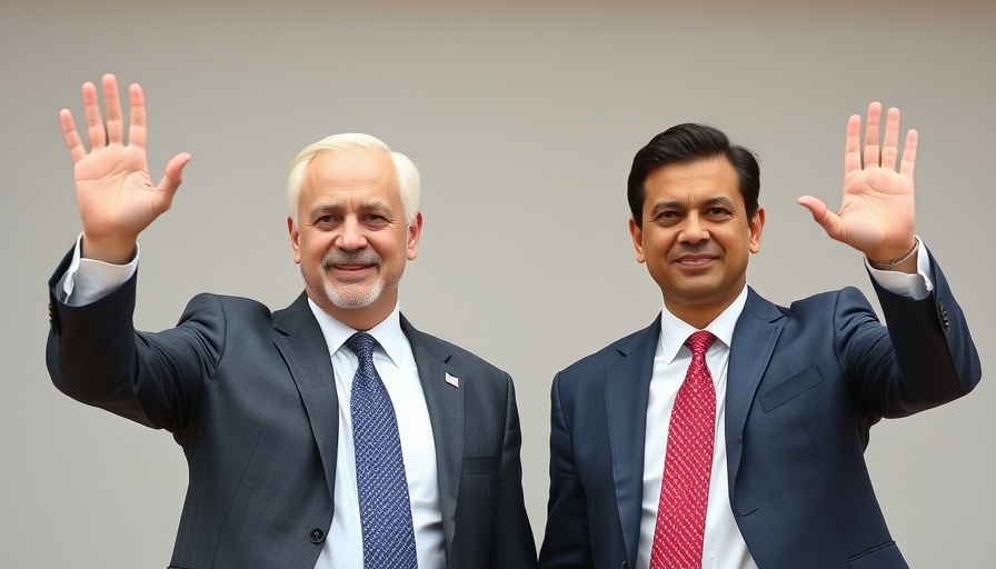 Two men at a formal event waving at a press conference.