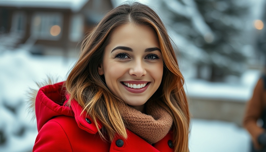 Smiling woman in red coat reporting outdoors on jobs report.