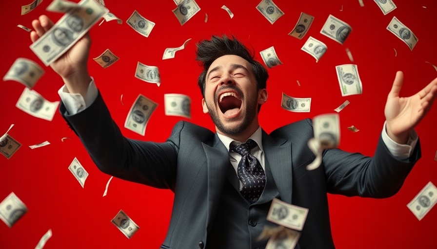 Joyful man celebrating value stocks success, money falling, red backdrop
